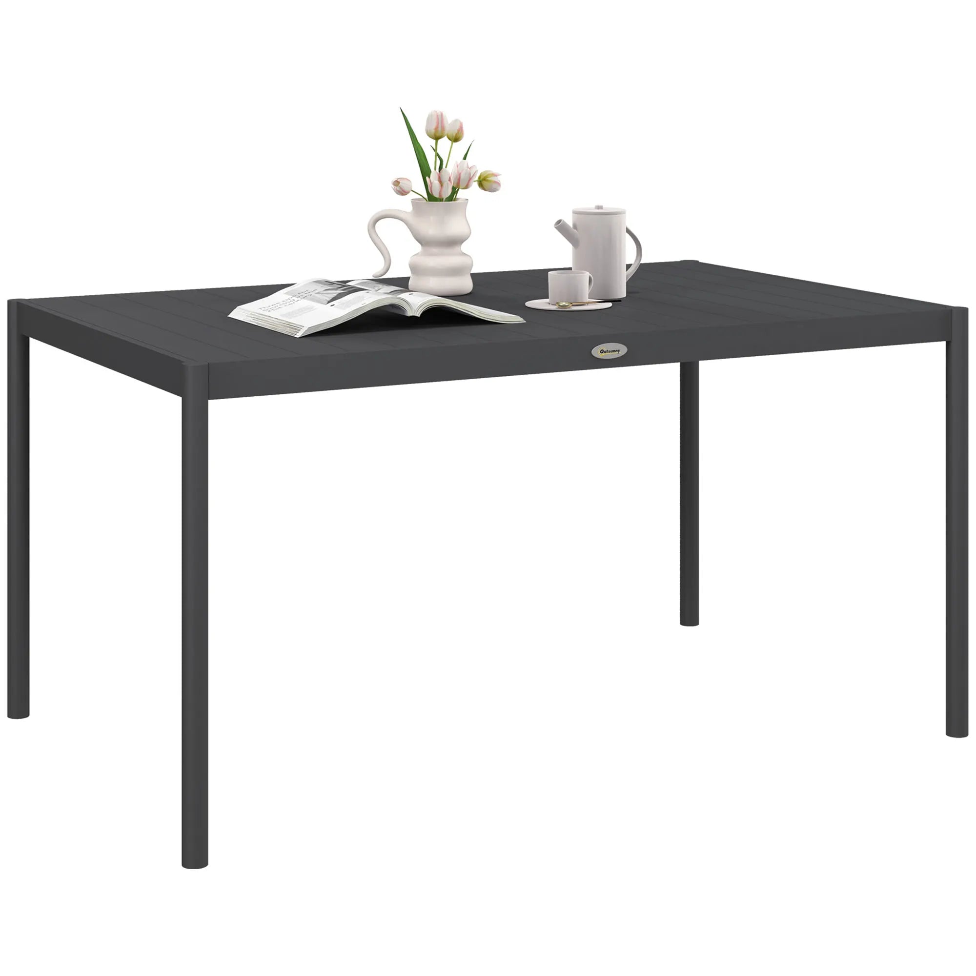 145cm Garden Dining Table Seats 6 Slatted Aluminium Top Powder Coated Steel Legs Outdoor Patio Table Dark Grey