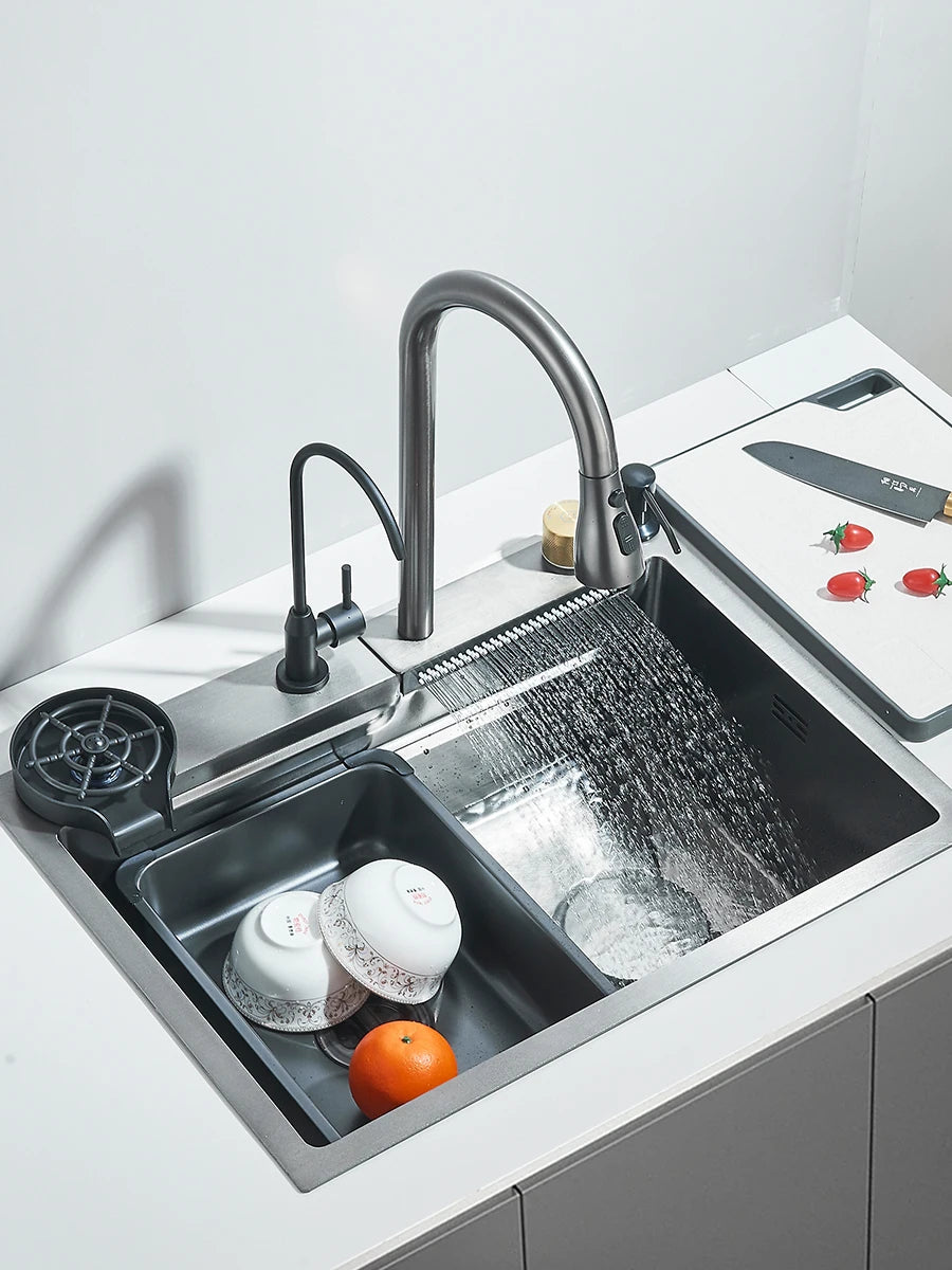 60 x 45cm Stainless Steel Single Bowl Kitchen Sink with Waterfall Faucet and Cup Washer, Above Counter