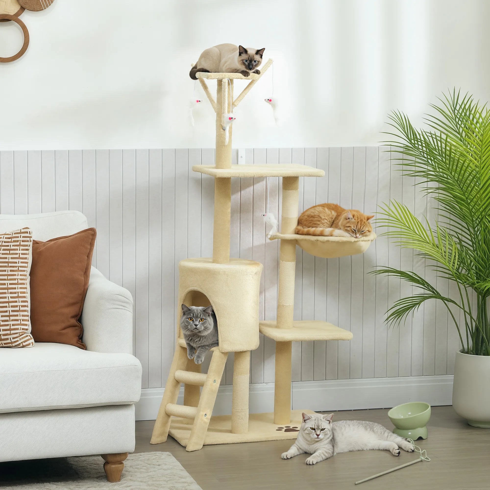 134cm Cat Tree with Condo Hammock Scratching Posts 3 Toy Bars 4 Mice Toys Plush Indoor Cat Tower Beige