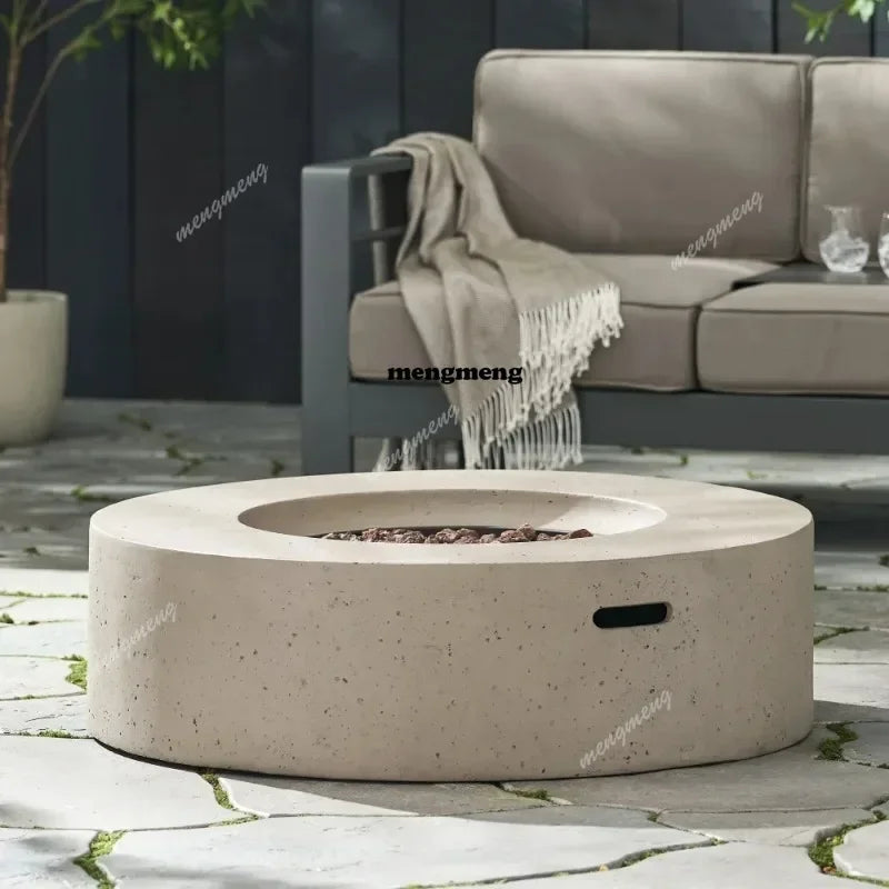 Round Concrete Propane Fire Pit Modern Light Grey Outdoor Garden Patio No Assembly Required