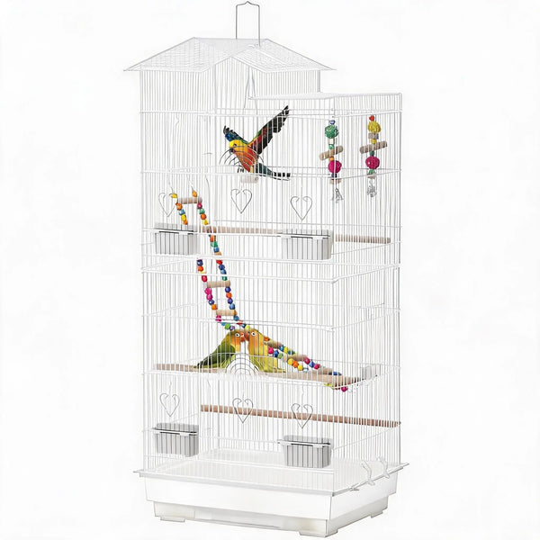 Tall Metal Bird Cage with Perches, Ladder, Toy and Pull-Out Tray, White