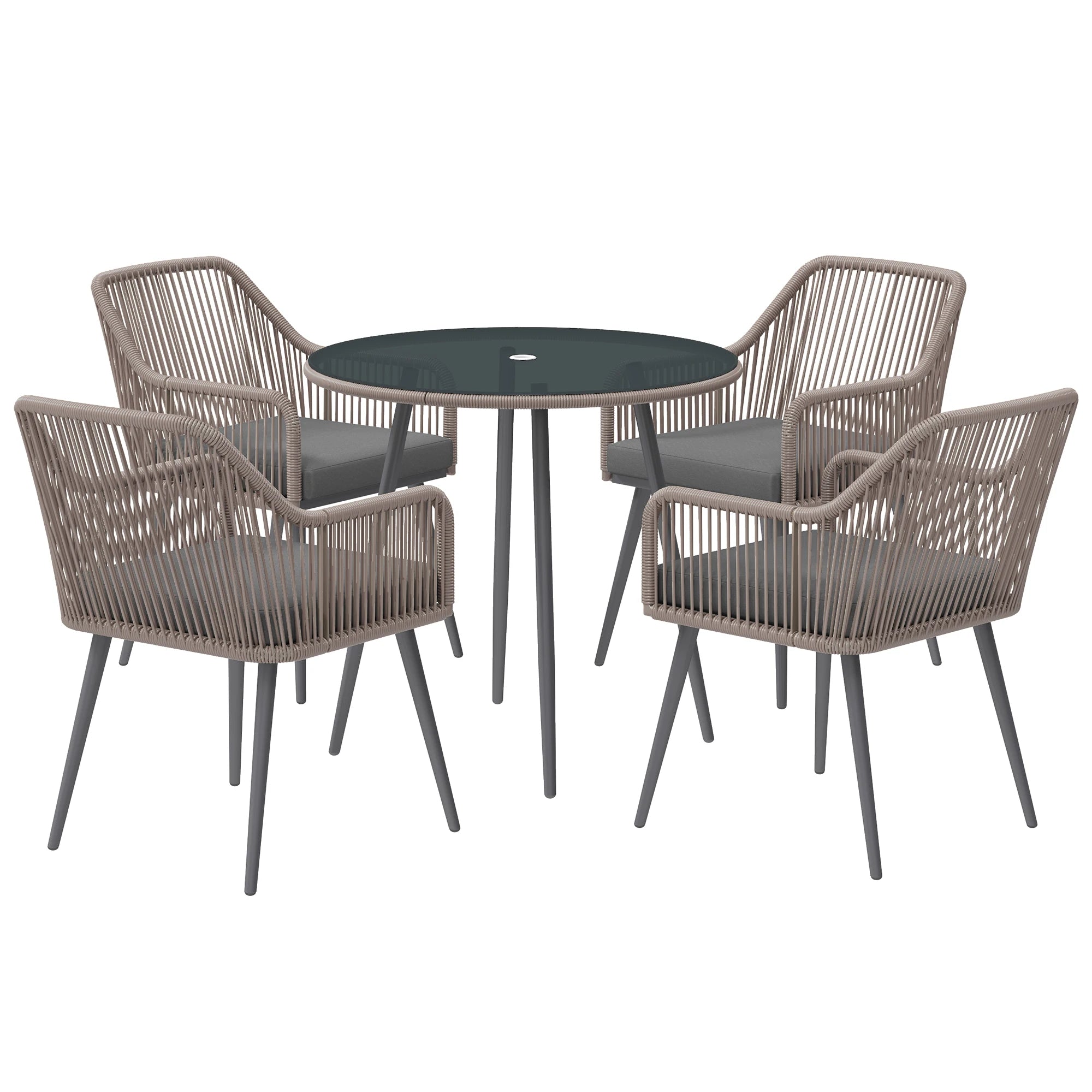 4 Seater Rattan Garden Furniture Set with Cushions Glass Table Parasol Hole Outdoor Dining