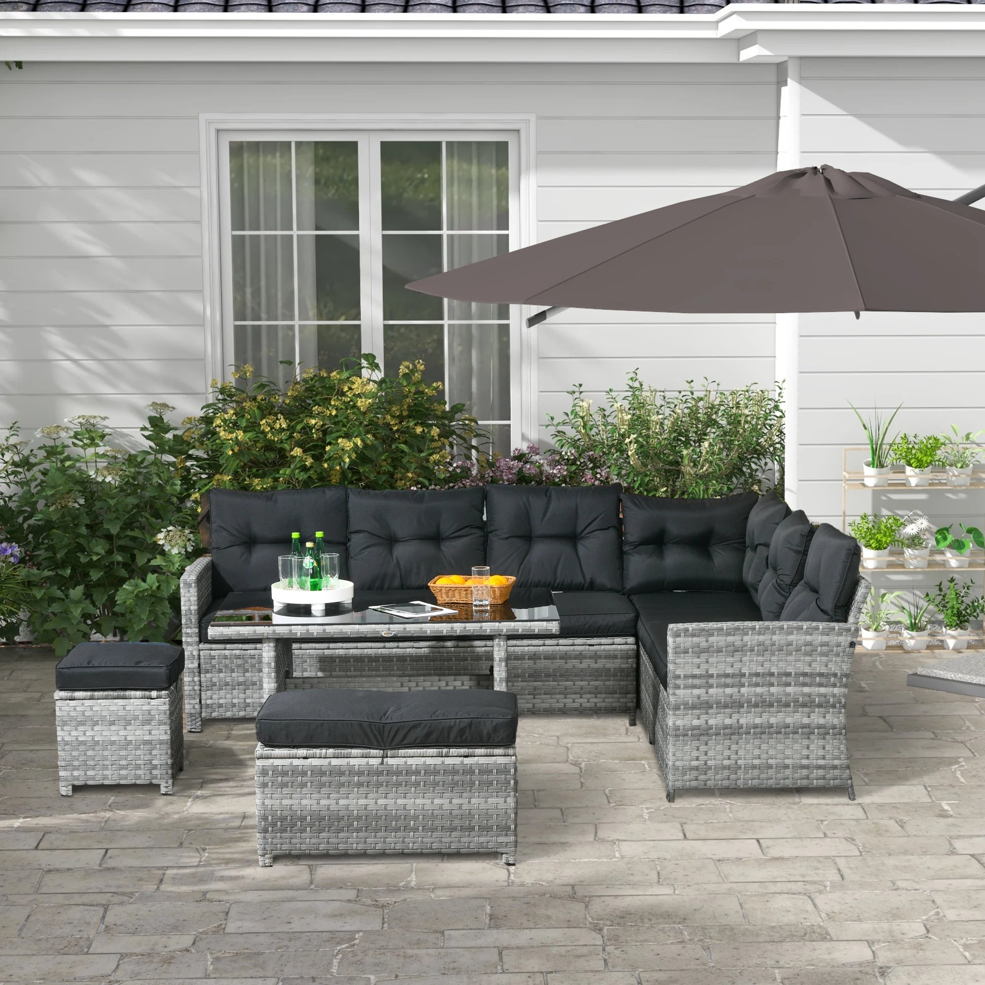 5-Piece PE Rattan Corner Garden Sofa Set with Glass Coffee Table, Stools and Cushions
