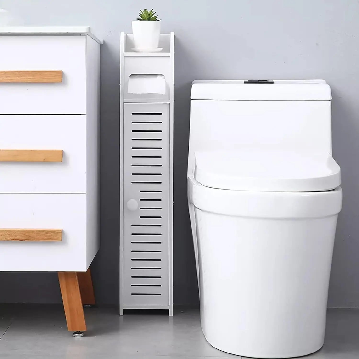 Slim White PVC Bathroom Storage Cabinet 4 Tier | Waterproof Tall Toilet Paper and Toiletry Shelf 16x16x81cm