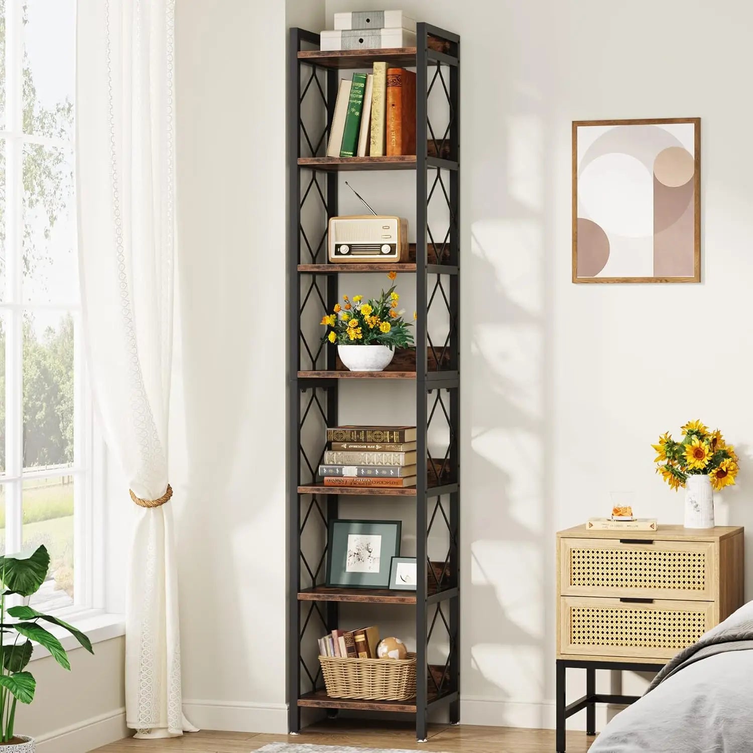 78 Inch Extra Tall 7-Tier Narrow Corner Bookshelf | Rustic Brown Industrial Freestanding Display Shelf