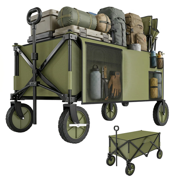 Folding Garden Trolley with Brakes and Cover, Collapsible Camping Wagon, 125L Capacity