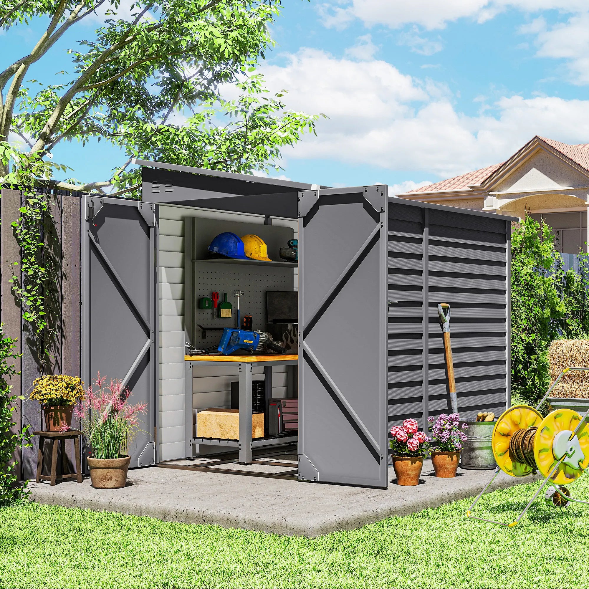 5 x 9ft Galvanised Metal Lean-To Garden Shed with Foundation Kit, Double Doors and Ventilation