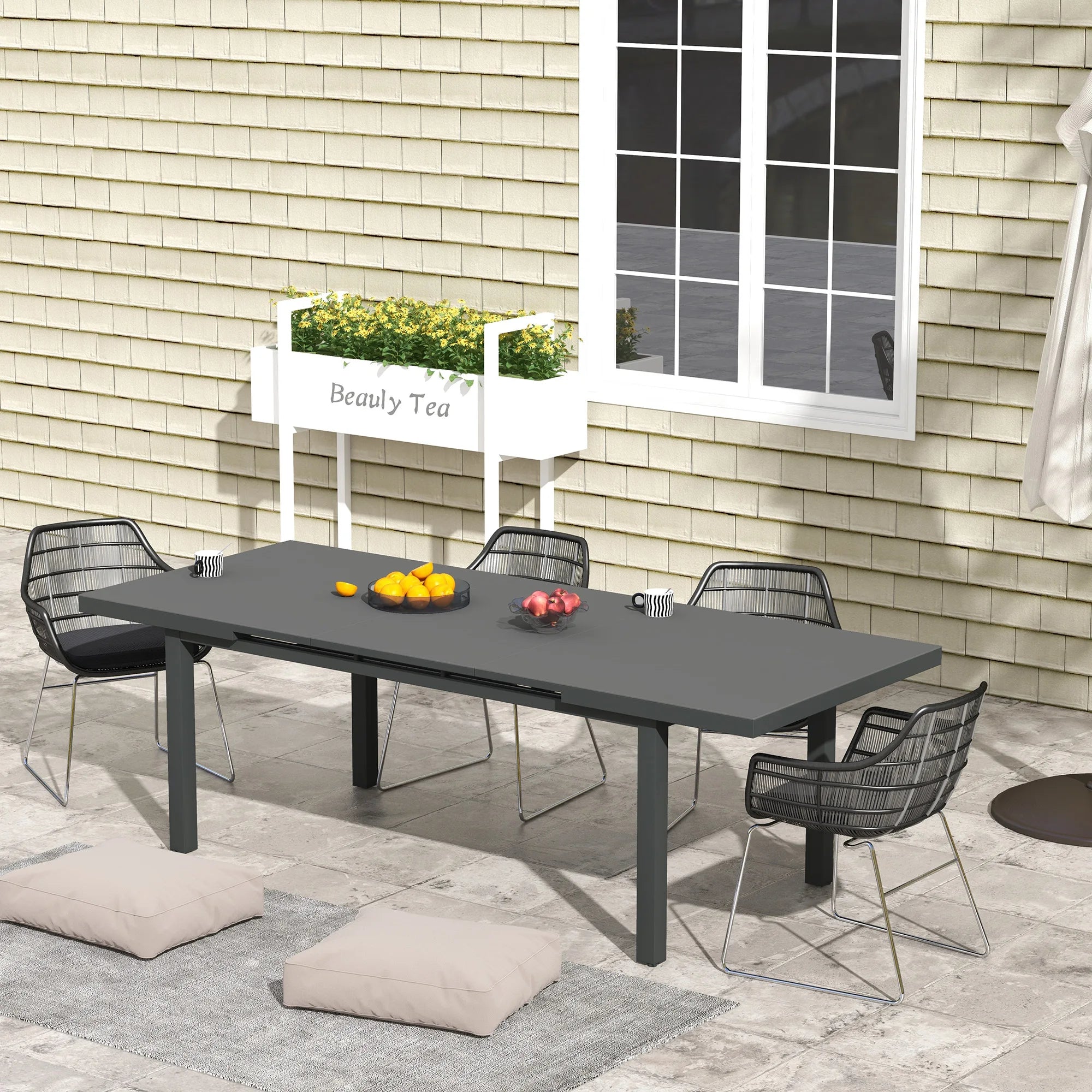 Extending Garden Dining Table 186-246cm Seats 6-8 Tempered Glass Top Aluminium Frame Outdoor Patio Charcoal Grey
