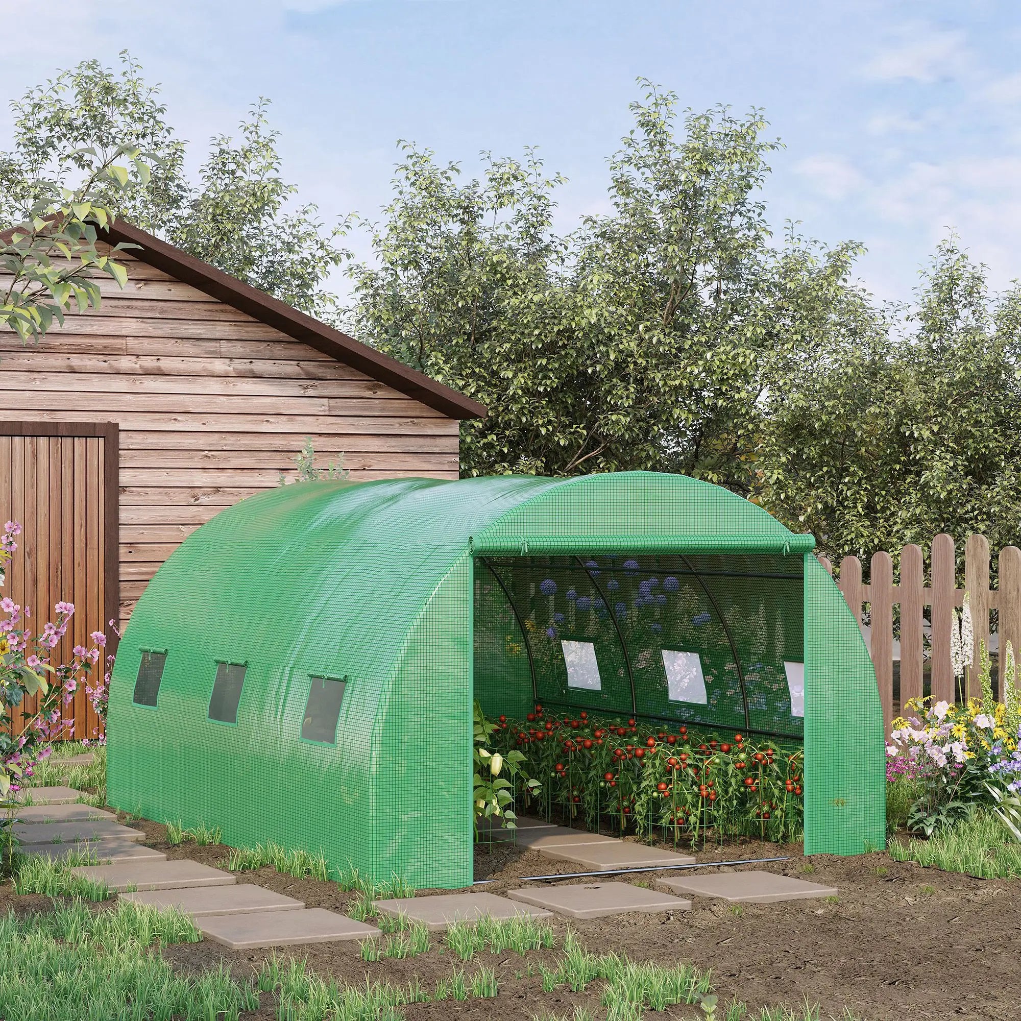 4 x 3m Walk-In Tunnel Greenhouse with PE Cover, Zipped Door, Roll-Up Windows and Galvanised Frame