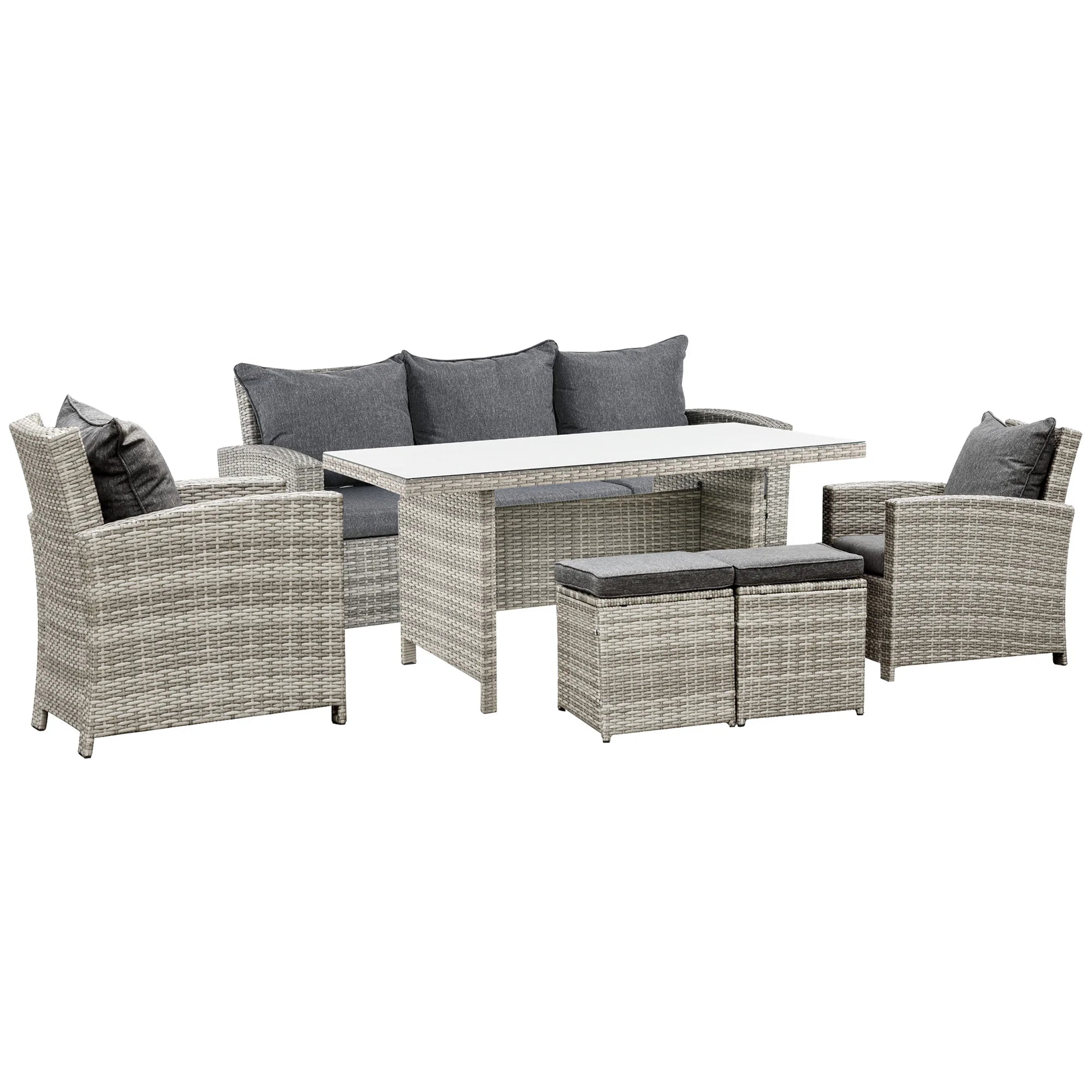 6 Piece PE Rattan Garden Furniture Set with 3 Seater Sofa Armchairs Footstools and Tempered Glass Table