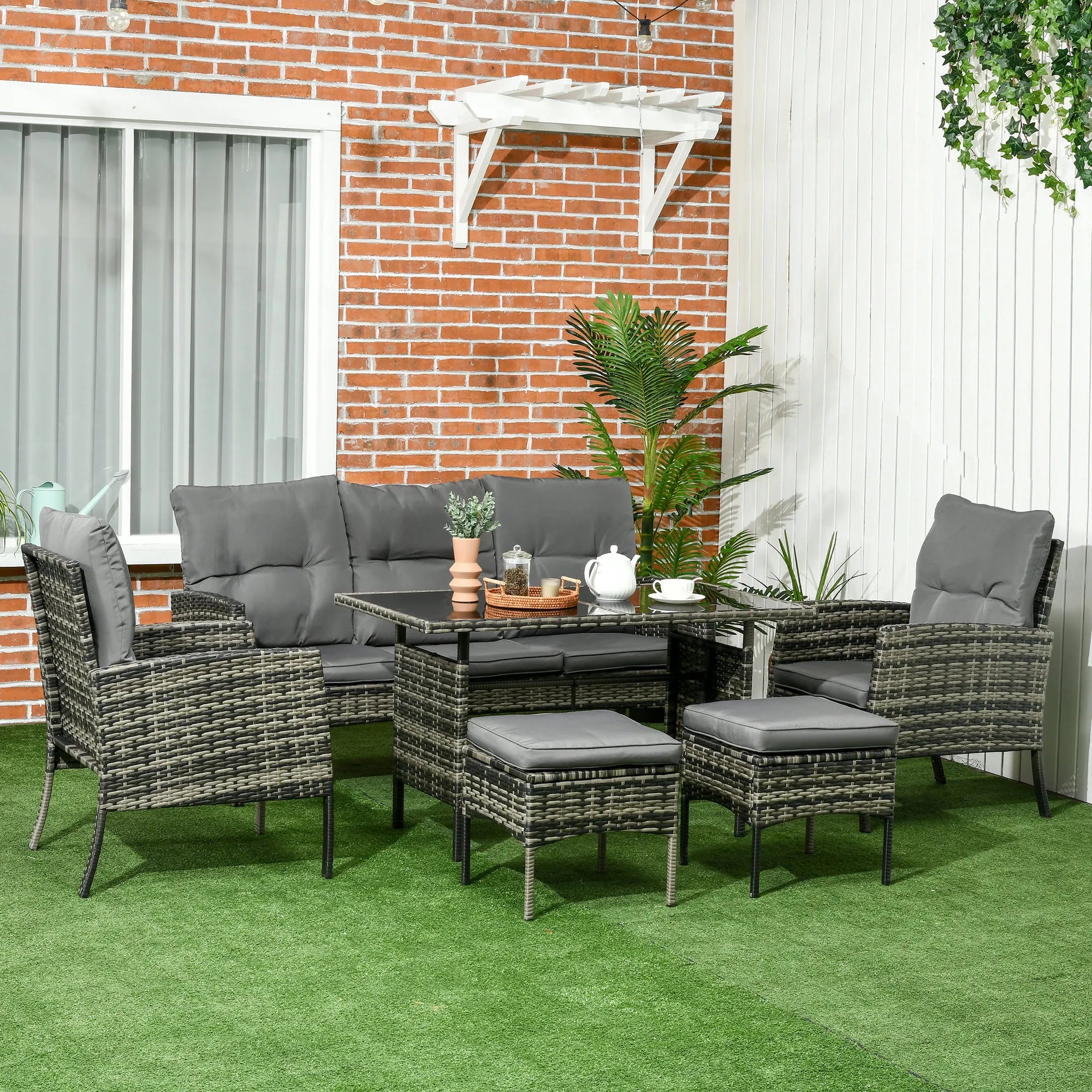 6-Piece Rattan Garden Sofa Set with 3-Seater Sofa, Armchairs, Footstools and Glass Coffee Table