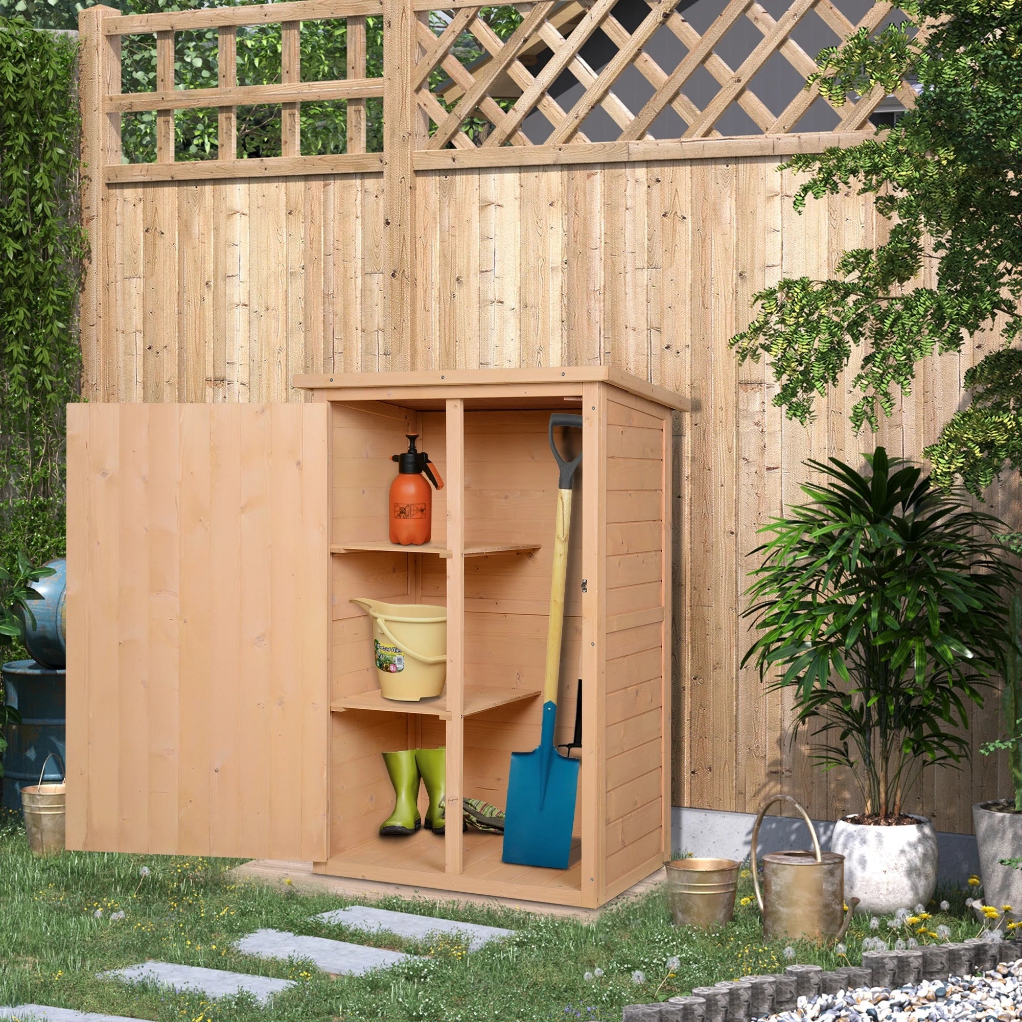 Wooden Garden Tool Storage Shed with 2 Shelves and Lockable Doors - Compact Outdoor Store