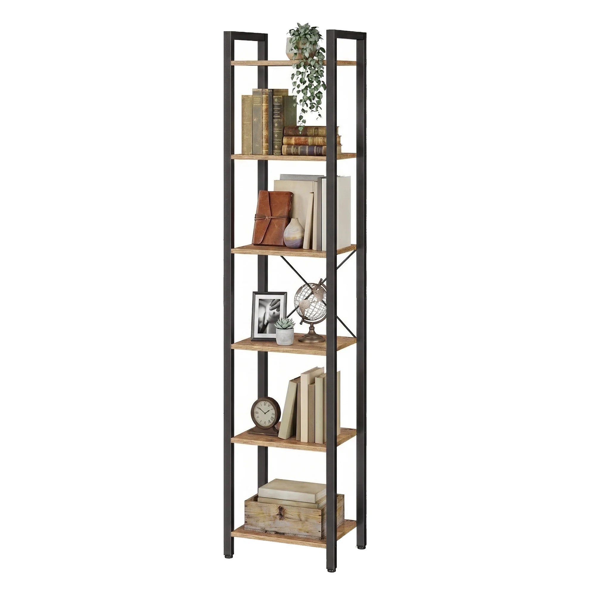 6-Tier Tall Narrow Bookshelf 187cm with Steel Frame | Slim Brown and Black Bookcase for Living Room Study