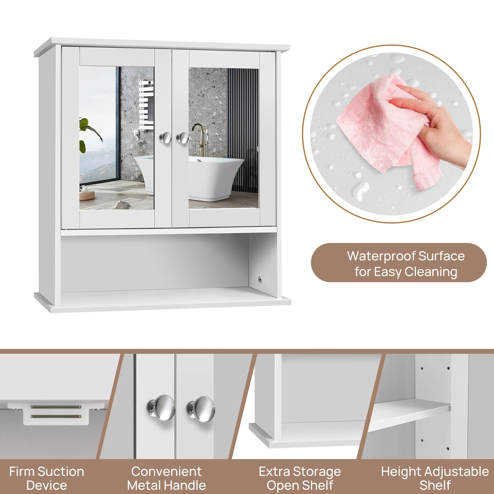 Double Door Mirror Bathroom Wall Cabinet with Adjustable Shelf | White MDF Wall Mounted Storage Cupboard 56x58cm