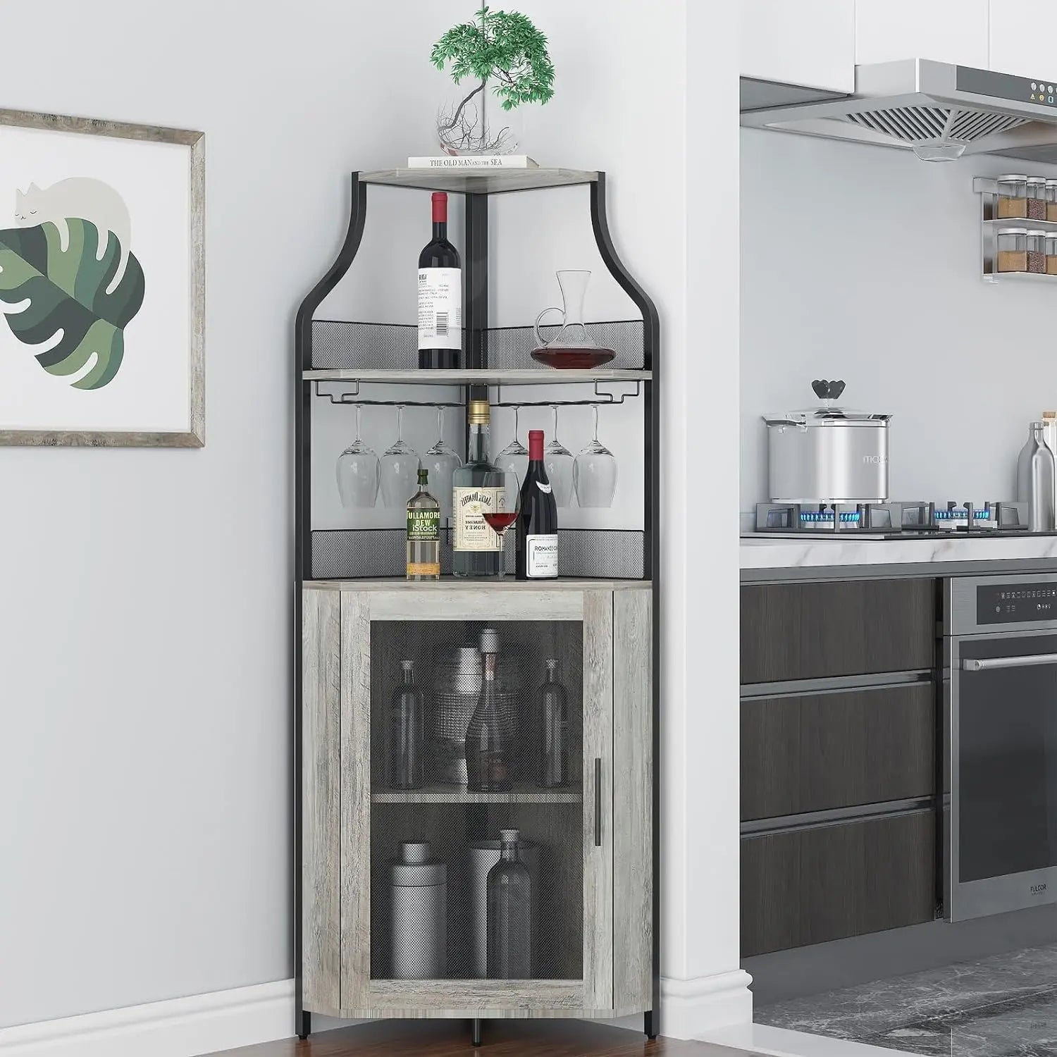 Corner Wine Bar Cabinet with Adjustable Shelves, 5-Tier Industrial Bar Cabinet with Glass Holder, Home Bar