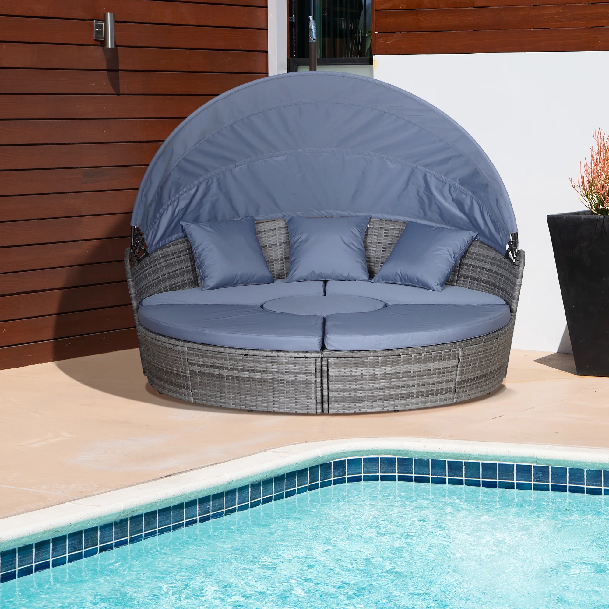 5 Piece PE Rattan Lounge Set Garden Round Sofa Bed with Retractable Canopy Cushions and Coffee Table