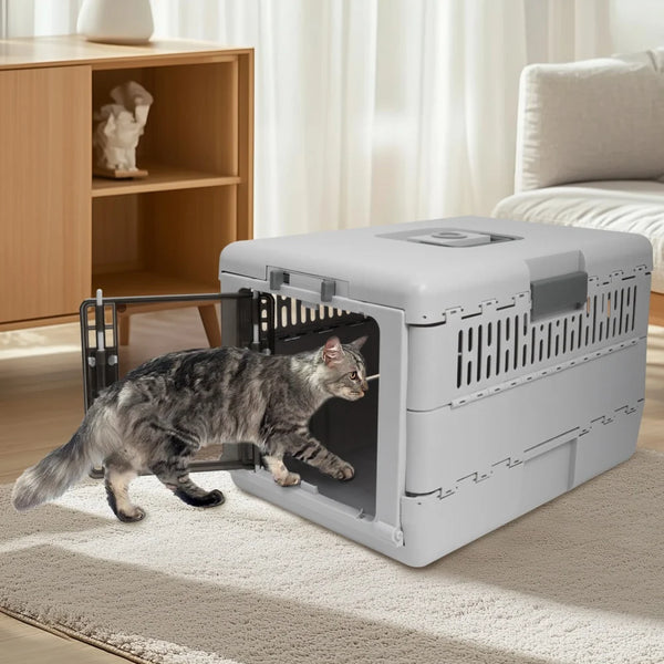 Foldable Hard Pet Carrier Box Lockable Travel Crate for Cats and Small Dogs 48x32x31.5cm Grey