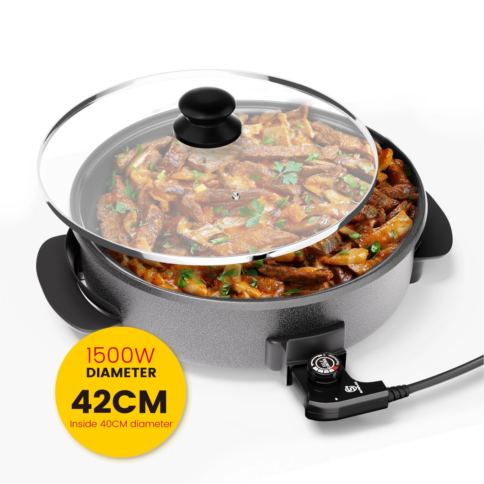 42cm Multipurpose Electric Cooking Pot 1500W Non-Stick with 5 Speed Settings Adjustable Temperature and Tempered Glass Lid
