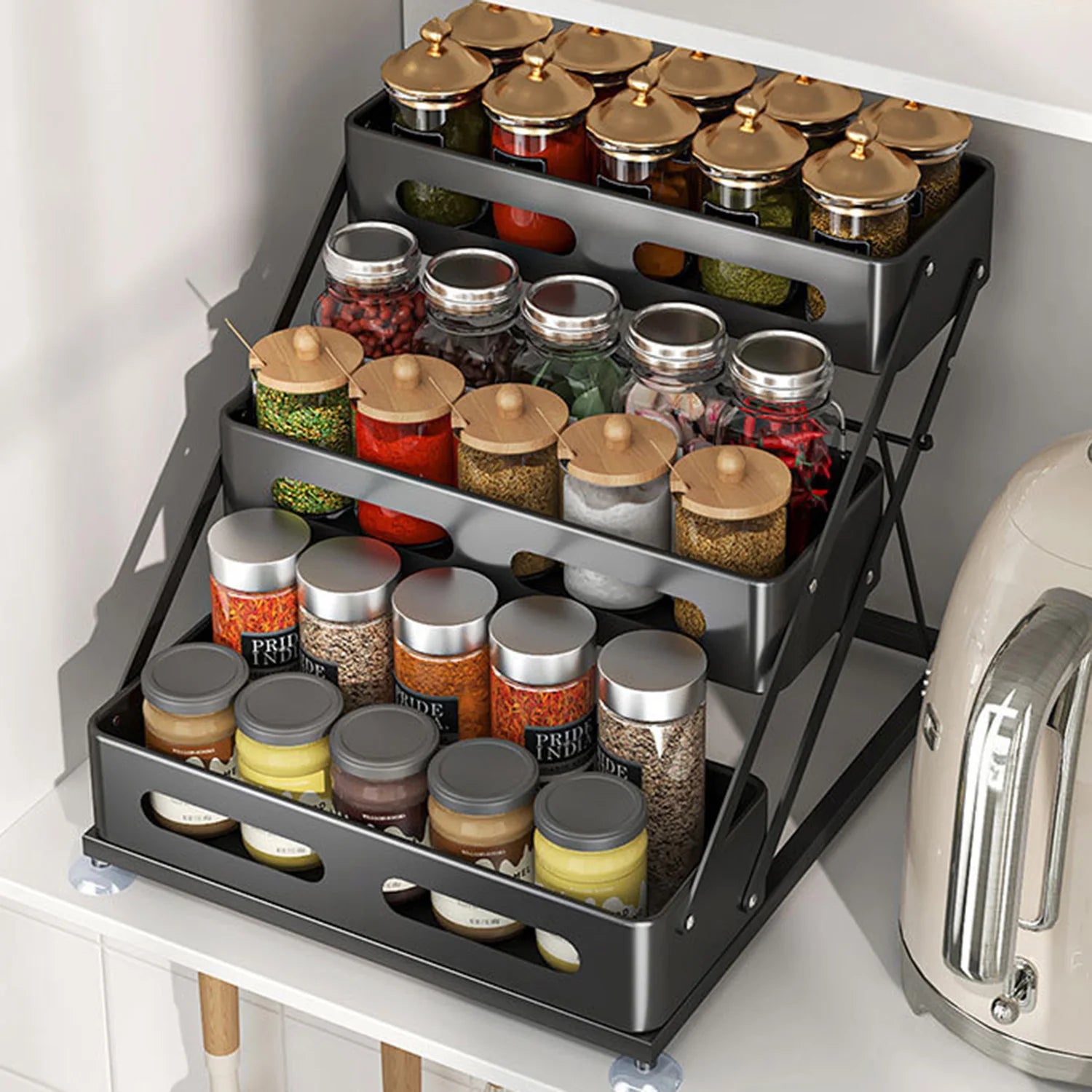 3-Layer Adjustable Height Spice Rack Countertop Organiser | Metal Kitchen Condiment Shelf with Suction Cup Base