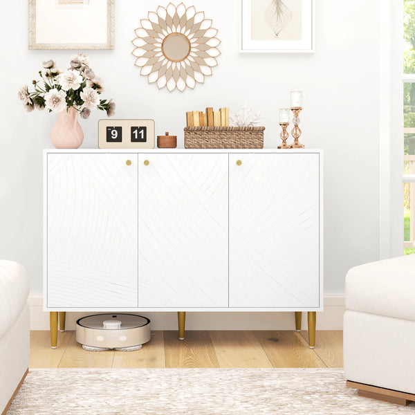 Sideboard Cabinet with 3 Carved Line Doors 2 Cupboards 3 Level Adjustable Shelves 5 Legs Melamine White