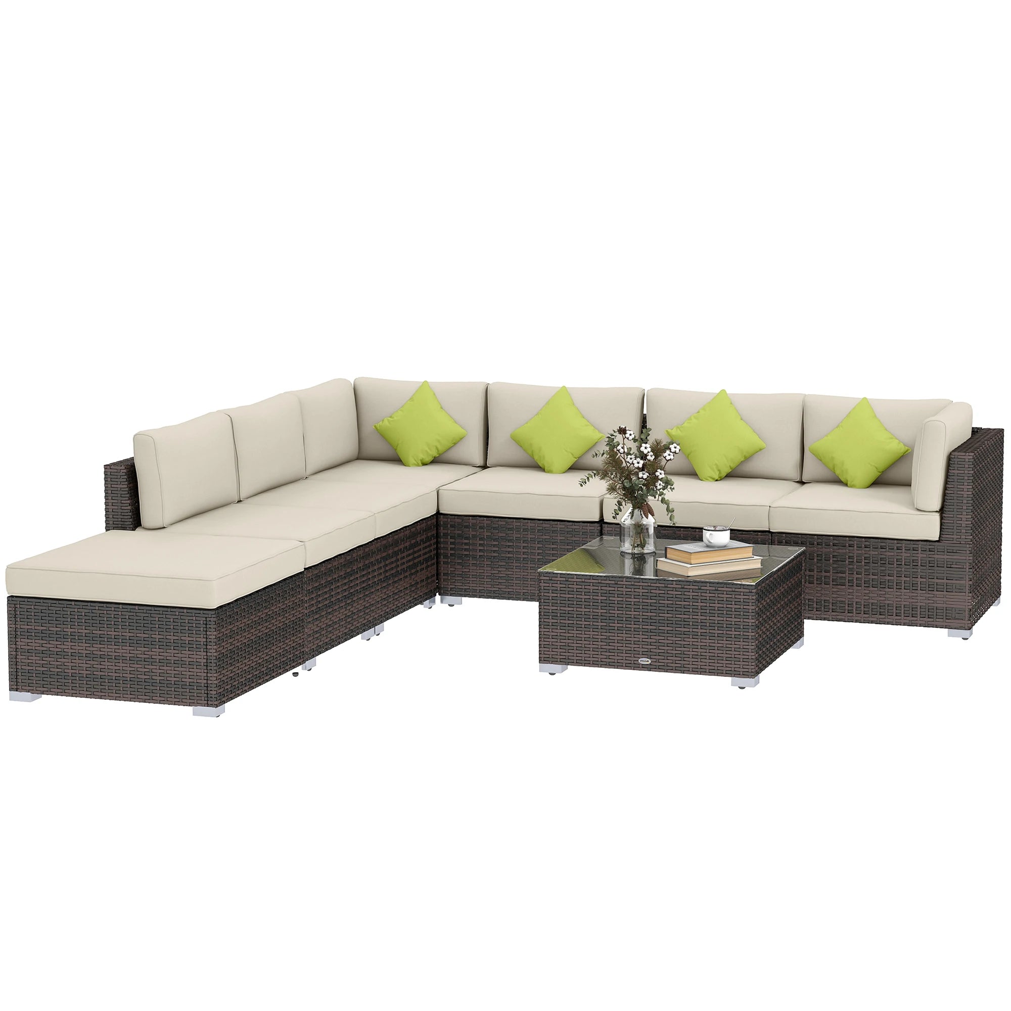 8-Piece Aluminium Rattan Corner Sofa Set with Glass Top Coffee Table, Cushions and Footstool