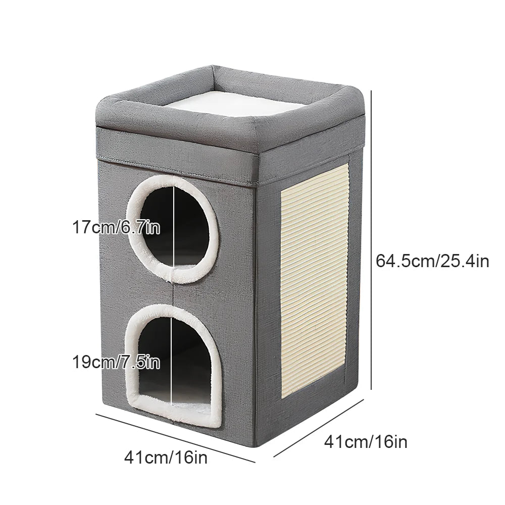 3-Tier Foldable Cat House Bed with Scratching Board, Indoor Pet Sofa Cave