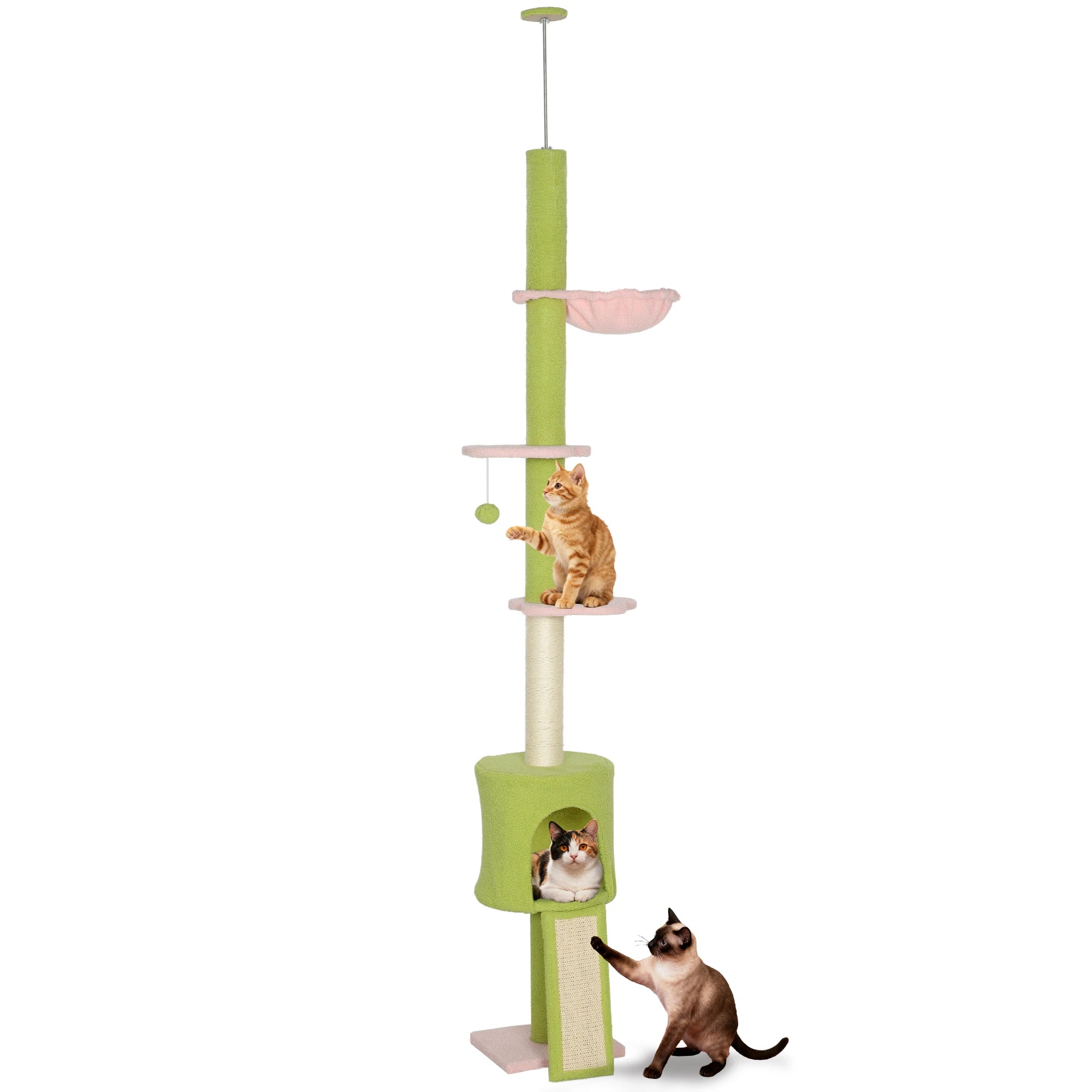 PawHut Floor to Ceiling Cat Tree Adjustable 220-240cm Tower with Cat House Hammock Sisal Posts