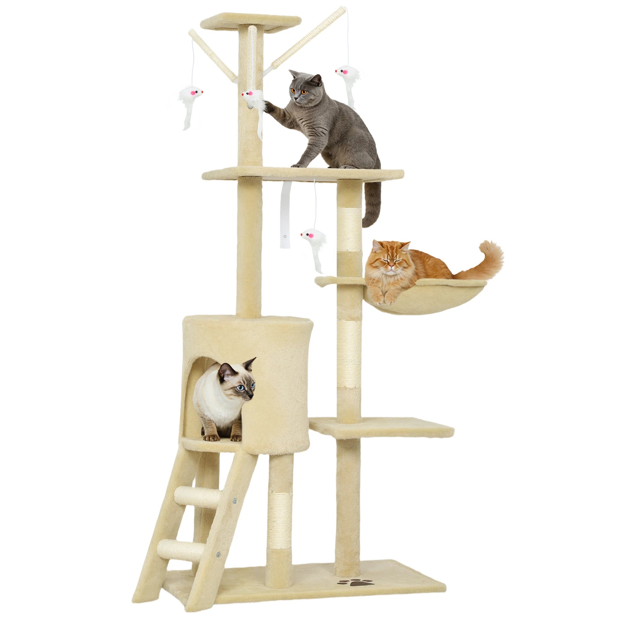 134cm Cat Tree with Condo Hammock Scratching Posts 3 Toy Bars 4 Mice Toys Plush Indoor Cat Tower Beige