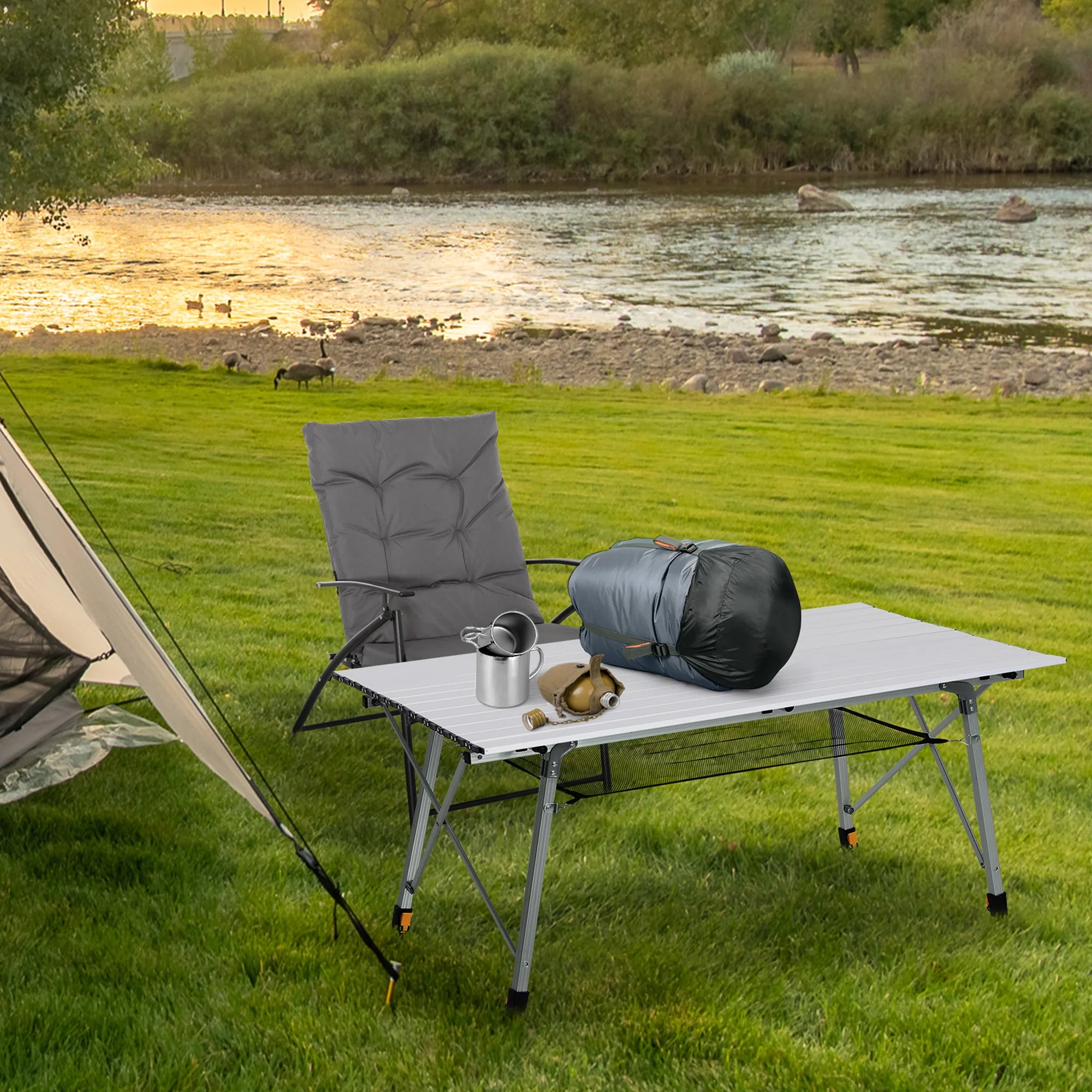 4FT Folding Aluminium Picnic Table Adjustable Height Roll Up Top with Mesh Rack and Carry Bag for Camping BBQ