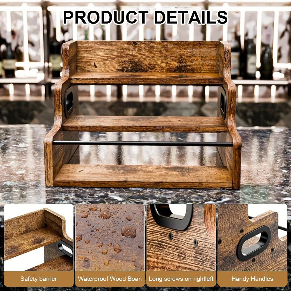 3-Tier Countertop Liquor Display Shelf | Retro Wood and Iron Whiskey Wine Bottle Rack for Home Bar Kitchen