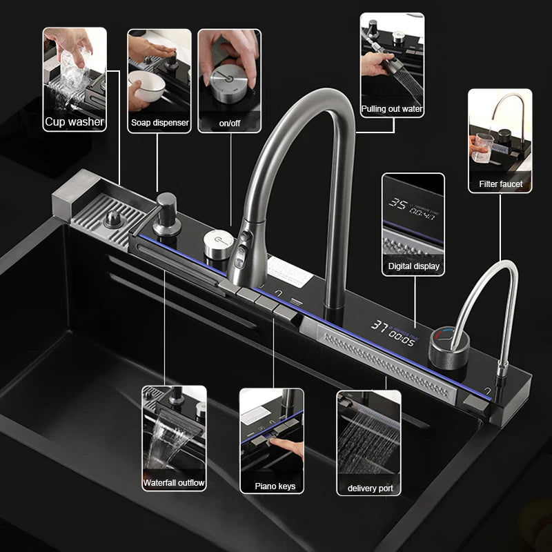 304 Stainless Steel Waterfall Kitchen Sink with Digital Display Faucet Set – Single Bowl with Soap Dispenser & Cup Washer