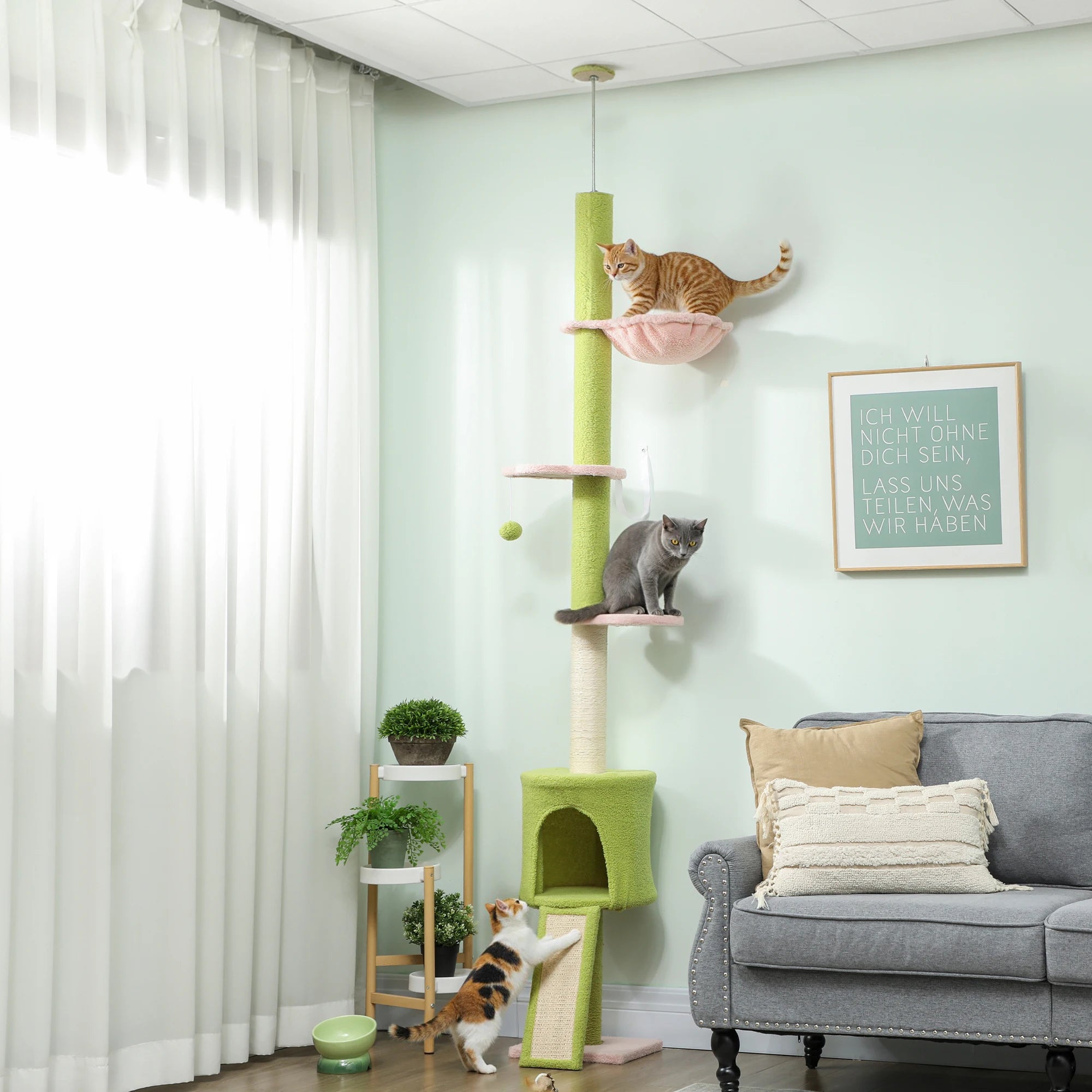 PawHut Floor to Ceiling Cat Tree Adjustable 220-240cm Tower with Cat House Hammock Sisal Posts