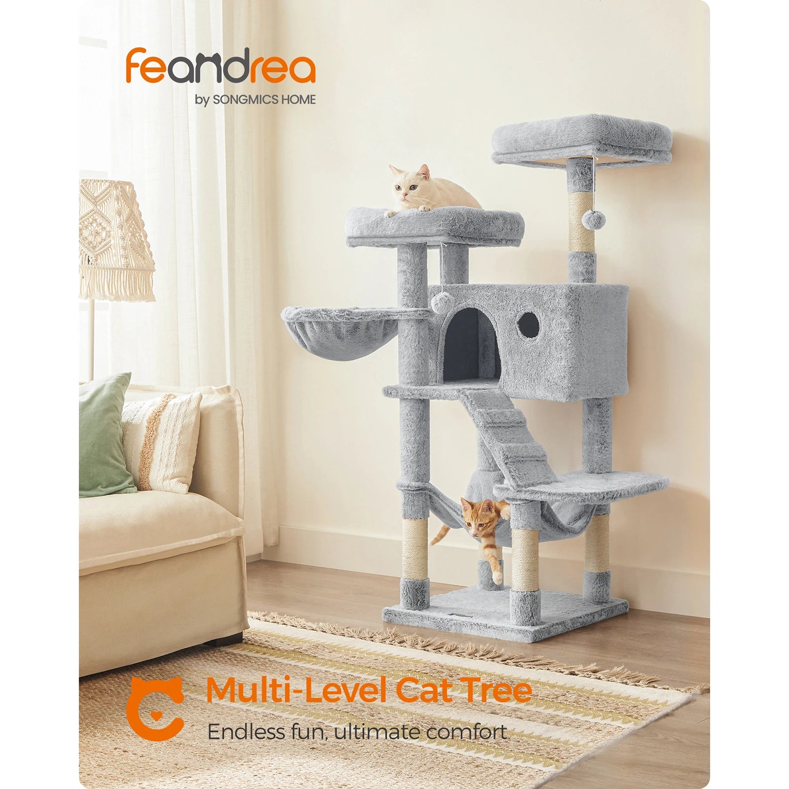 Feandrea 135cm Cat Tree Tower for Large Cats Ultra Soft Plush White Grey with Cave Hammock