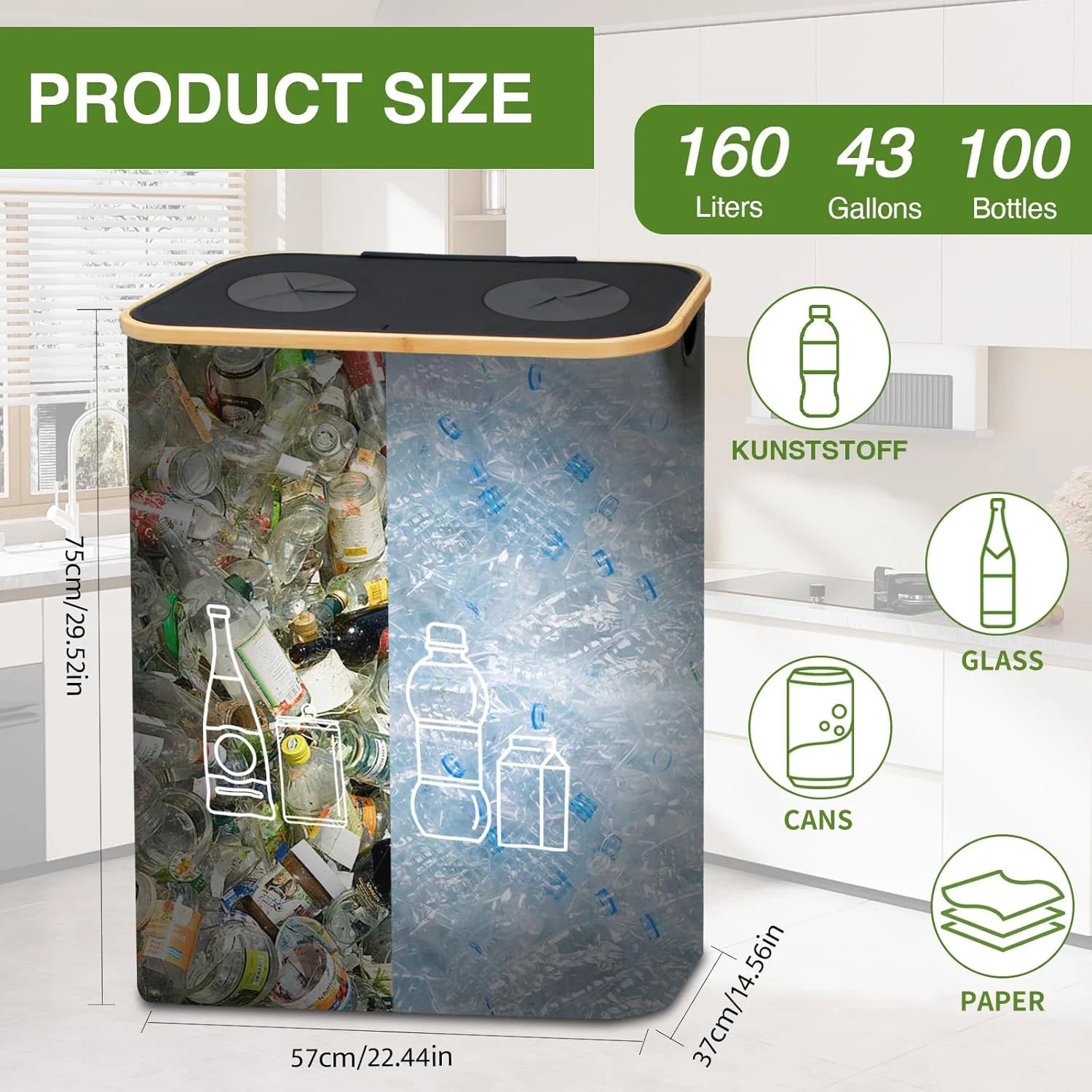 160L Large Bottle Bin with Lid and 2 Tote Bags Reusable Recycling Container for Bottles Clothes Newspapers