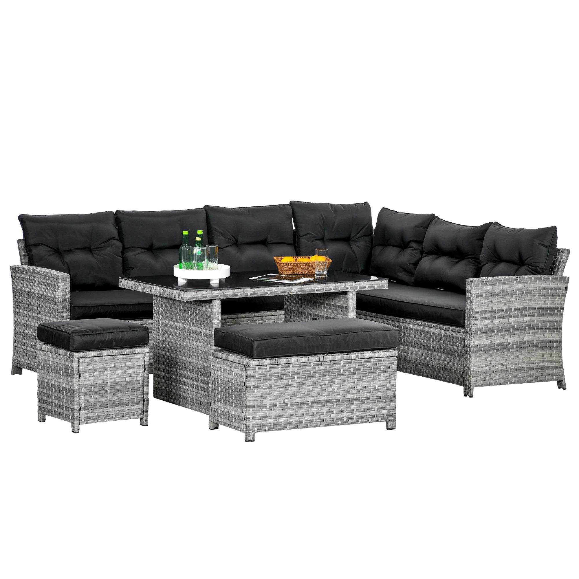 5-Piece PE Rattan Corner Garden Sofa Set with Glass Coffee Table, Stools and Cushions