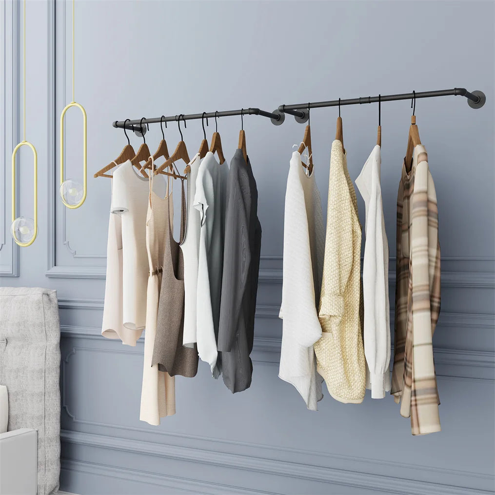 2 Pack Wall Mounted Industrial Pipe Clothes Rail 92cm Metal Garment Hanging Rack with 4 Hooks for Bedroom Living Room
