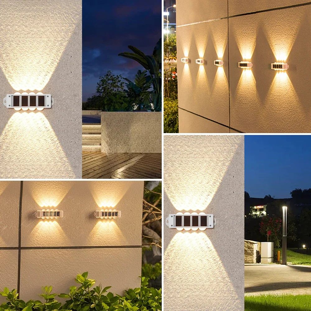 Solar Wall Light Outdoor 8 LED Warm White Up Down Waterproof Fence Walkway Porch Deck Garden Lamp 2 Pack