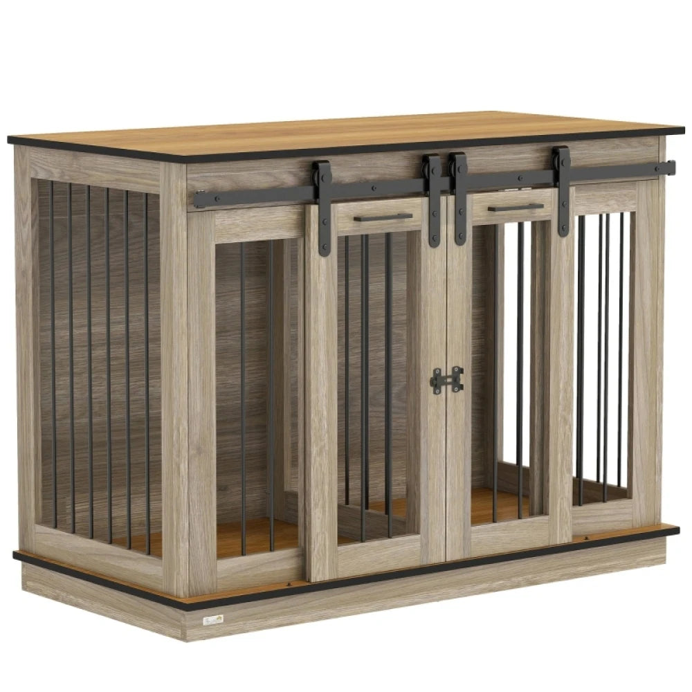 PINGGO Dog Crate Furniture 120x60x88.5cm Double Dog Cage Sliding Doors Solid Wood Oak Tone