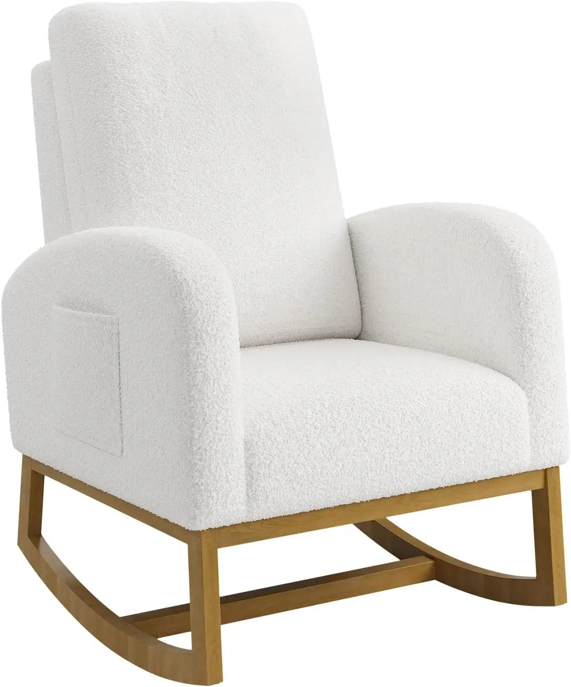 Oversized Faux Lambskin Rocking Chair with High Backrest and Side Pockets | Glider Armchair for Nursery Living Room