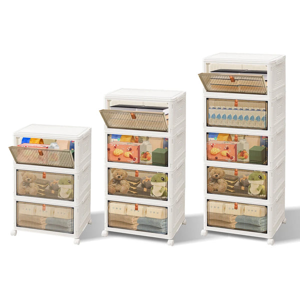 Stackable Storage Boxes with Lids 3 4 or 5 Tier 21L per Box Magnetic Front Door 4 Wheels 2 Locking PP