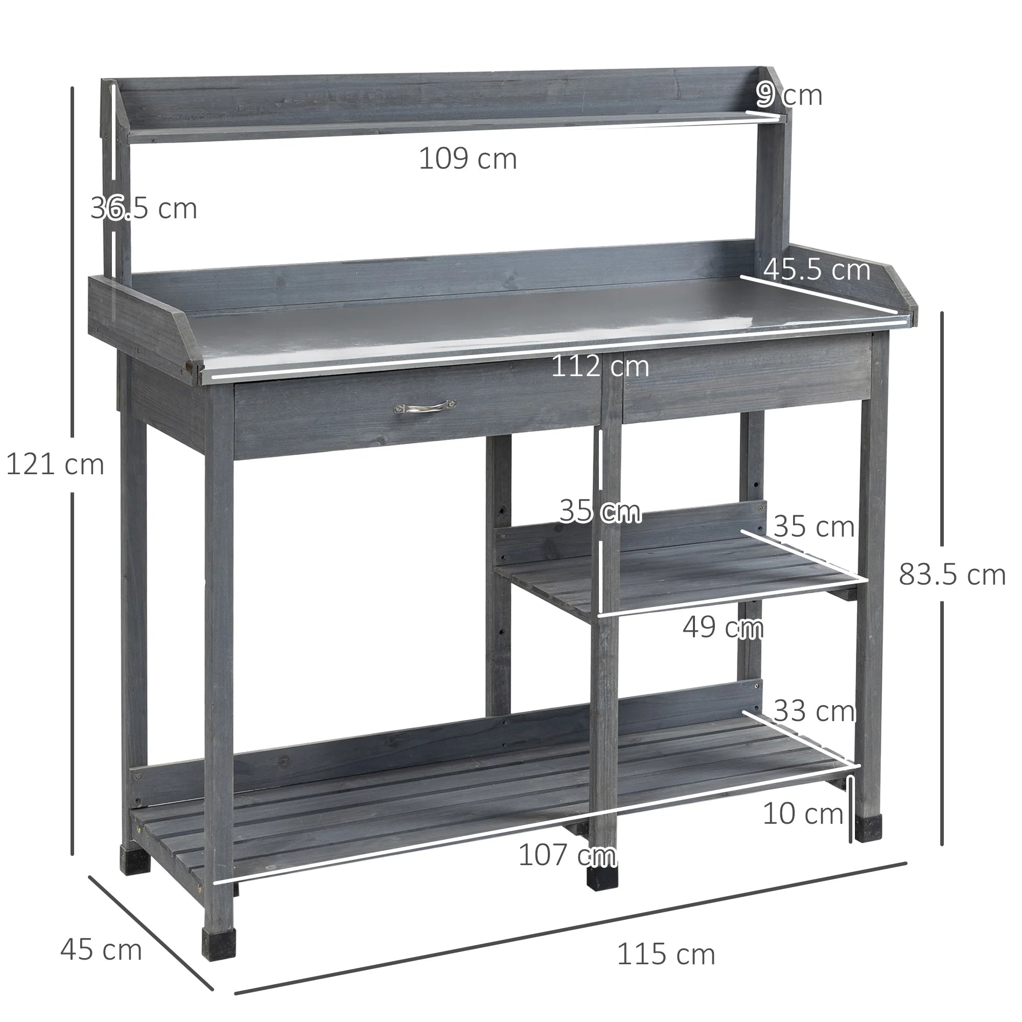 Wooden Garden Potting Table with Metal Top Drawer Shelves Outdoor Workstation Bench
