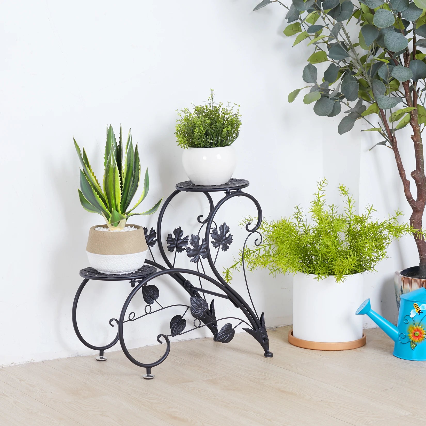 4 Tier Rustproof Metal Plant Stand 45x21x42.5cm White Black 5kg per Tier for Garden Balcony Office