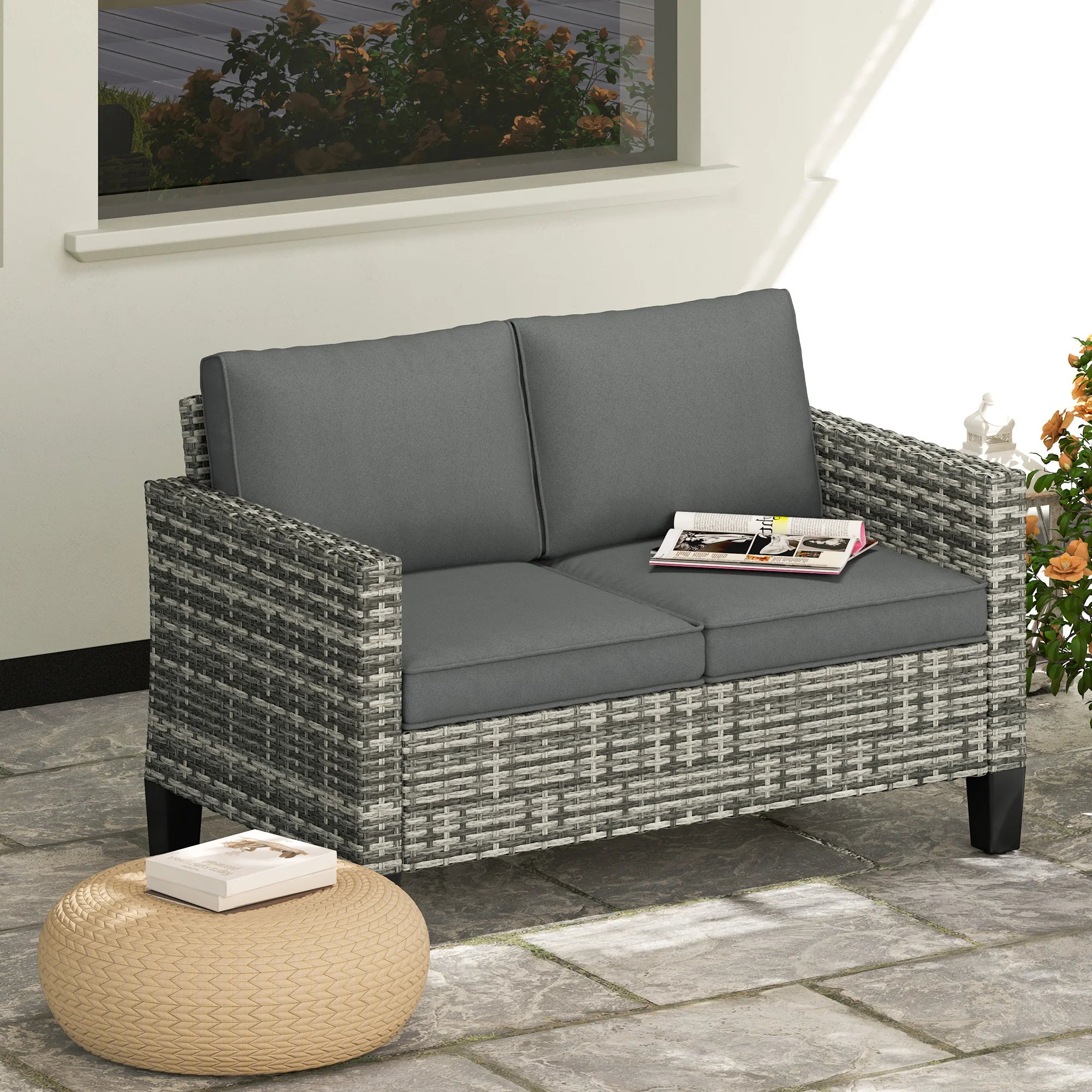 2-Seater Rattan Garden Loveseat Sofa with Thick Cushions and Armrests