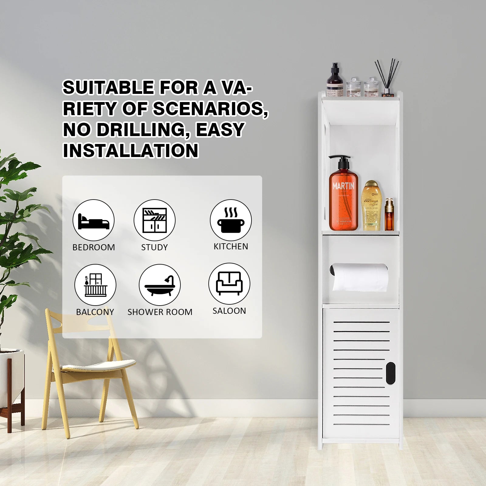 White PVC Freestanding Bathroom Cabinet | Waterproof Toilet Paper and Shampoo Storage Shelf Unit