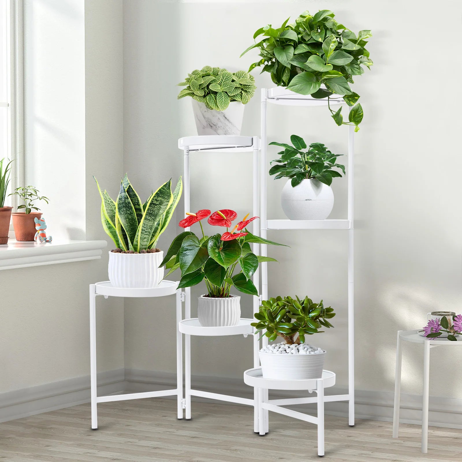 6 Tier Foldable Plant Stand Iron White 5kg per Tray Adjustable Angles for Indoor Outdoor Home Garden
