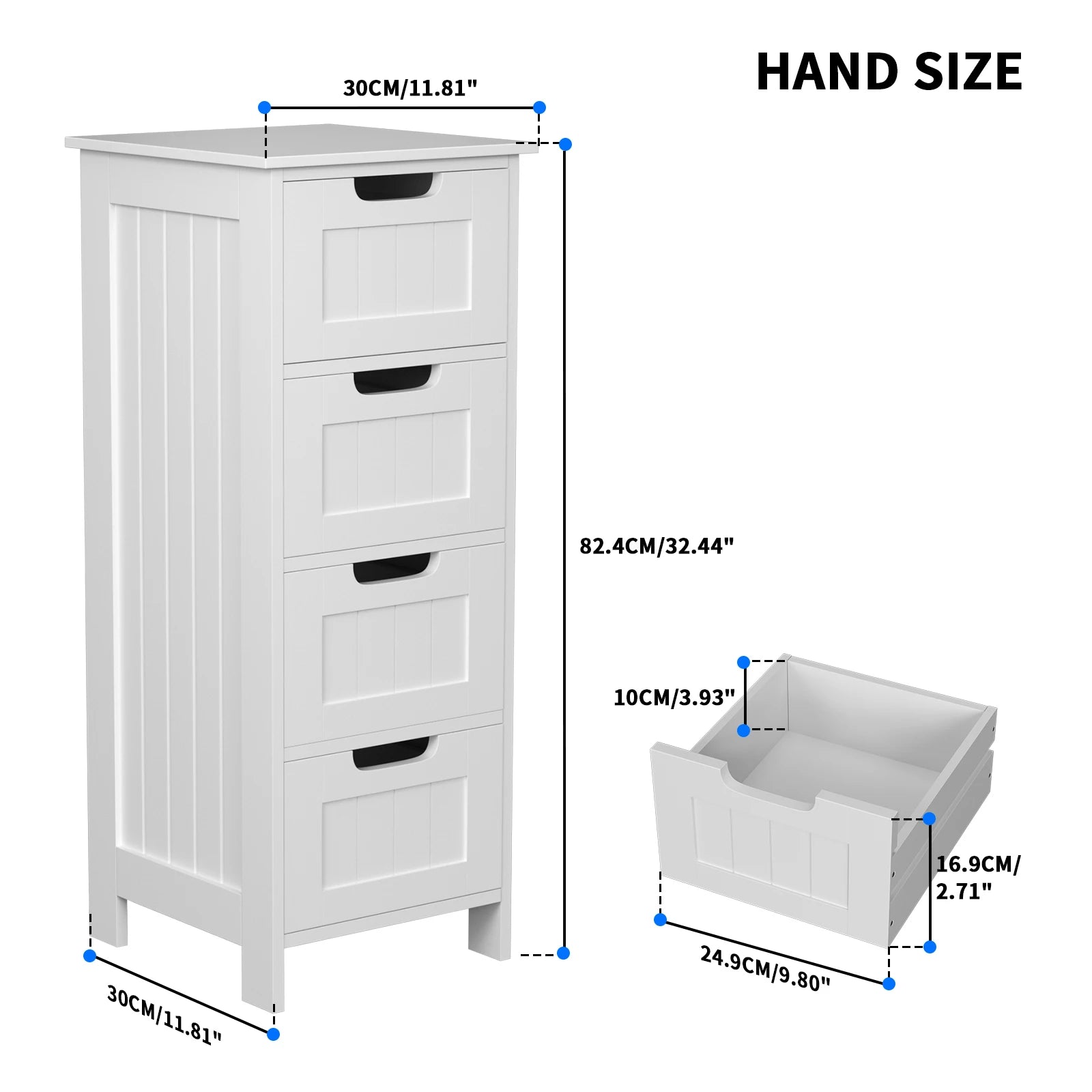 4 Drawer White Bathroom Storage Cabinet 82cm | Slim Freestanding MDF Chest of Drawers for Bathroom Bedroom