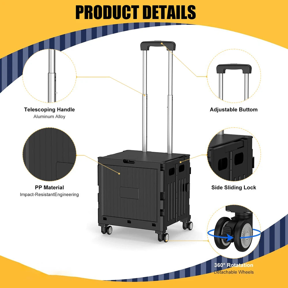 Foldable Camping Utility Cart Large Capacity 360° Wheels Telescoping Handle ABS for Shopping Travel Moving Outdoor