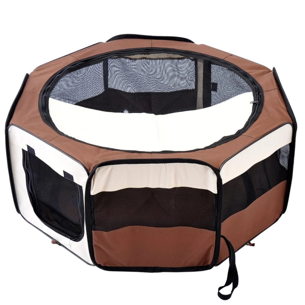 Portable Pet Playpen 90x41cm Brown Steel Frame with Carry Bag for Cats Dogs Rabbits Guinea Pigs