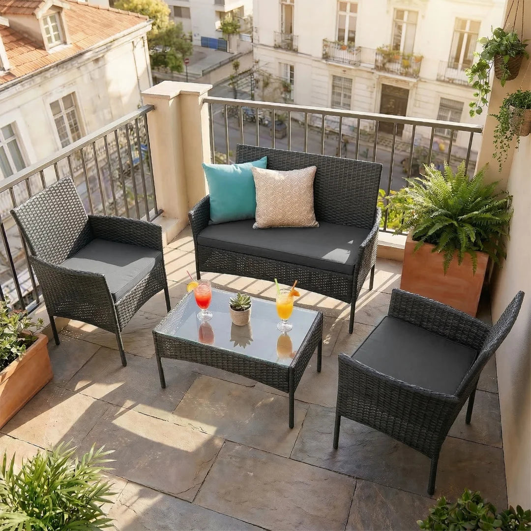 4 or 5 Piece PE Rattan Garden Corner Sofa Set with Coffee Table Cushions for Patio Outdoor Grey Khaki