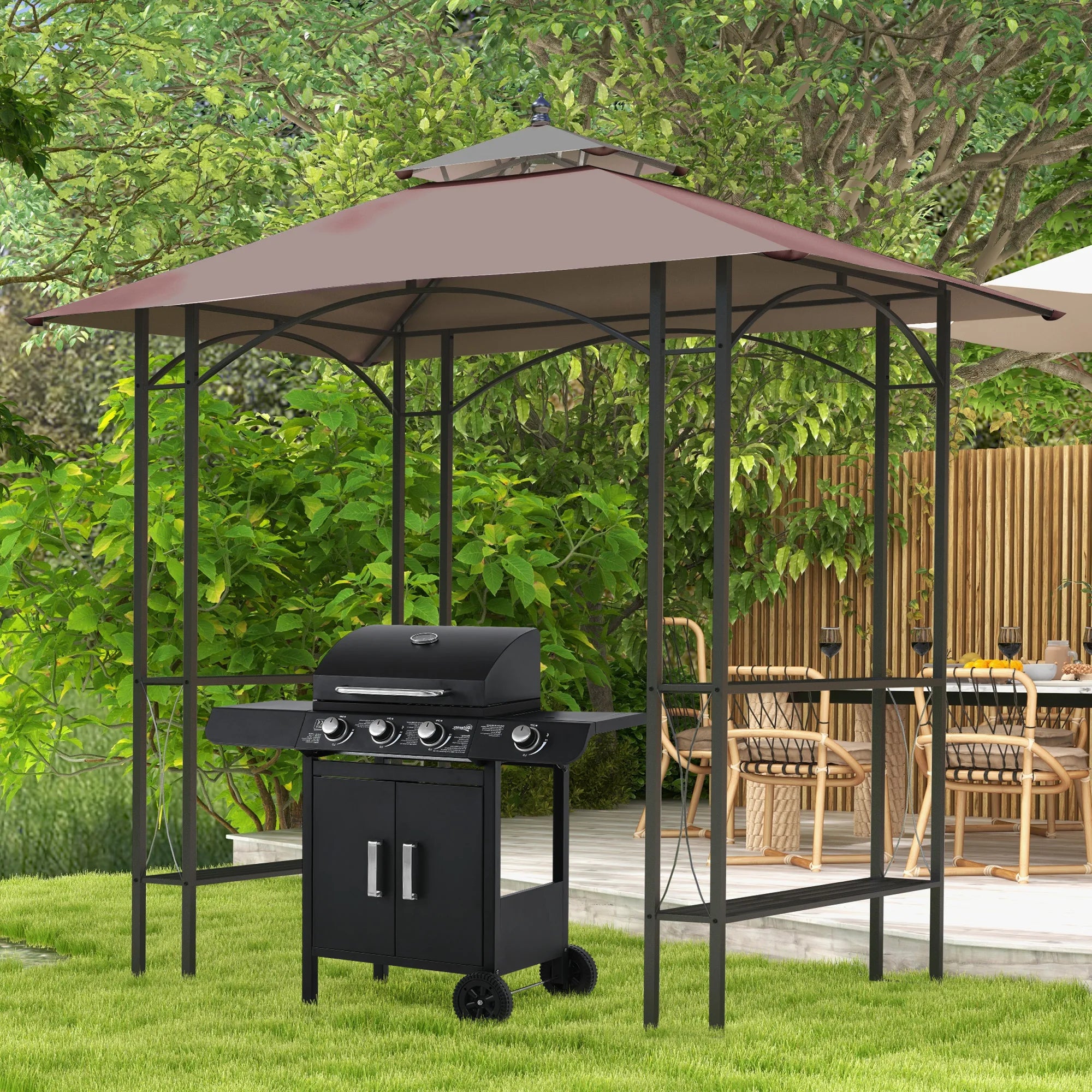2.5 x 1.5m BBQ Gazebo Canopy with Double Roof, 4 Side Shelves, Flame-Resistant Cover and Ground Nails
